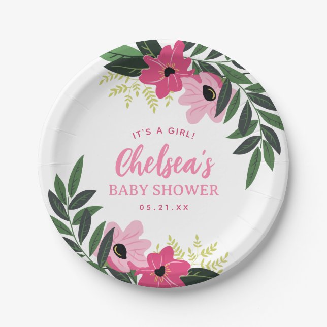 Plato De Papel Baby Shower Tropical Floral Personalizado (Anverso)