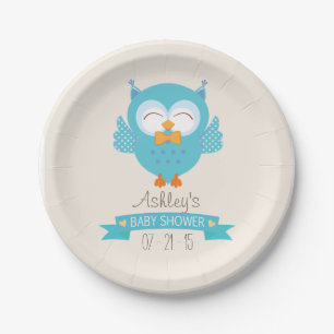 Plato De Papel Baby Shower Turquoise Blue & Purple Boy Owl