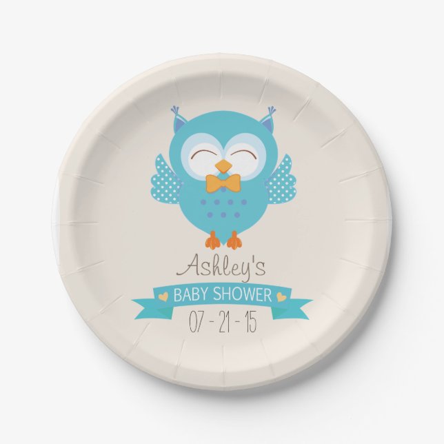 Plato De Papel Baby Shower Turquoise Blue & Purple Boy Owl (Anverso)