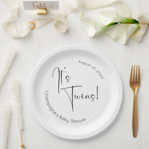 Plato De Papel Baby Shower Twins Modern Script