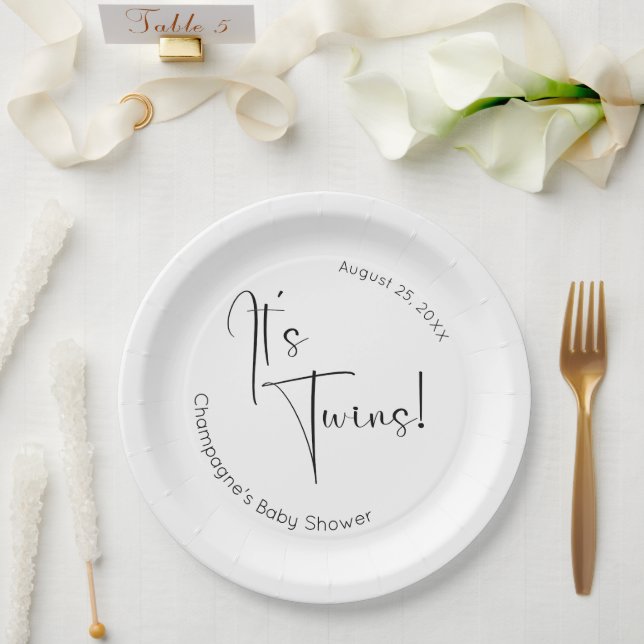 Plato De Papel Baby Shower Twins Modern Script (Boda)