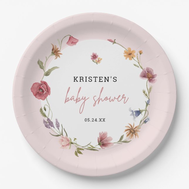 Plato De Papel Baby Shower, un pequeño Chica de flores silvestres (Anverso)