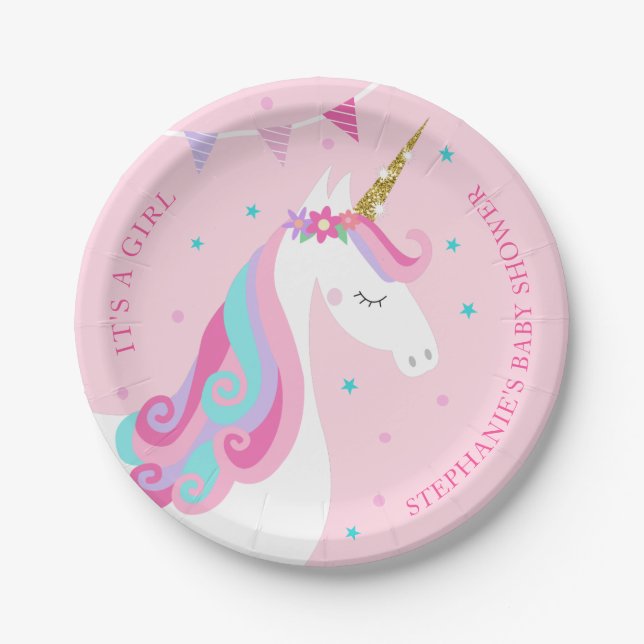 Plato De Papel Baby Shower Unicorn Pink Personalizado (Anverso)