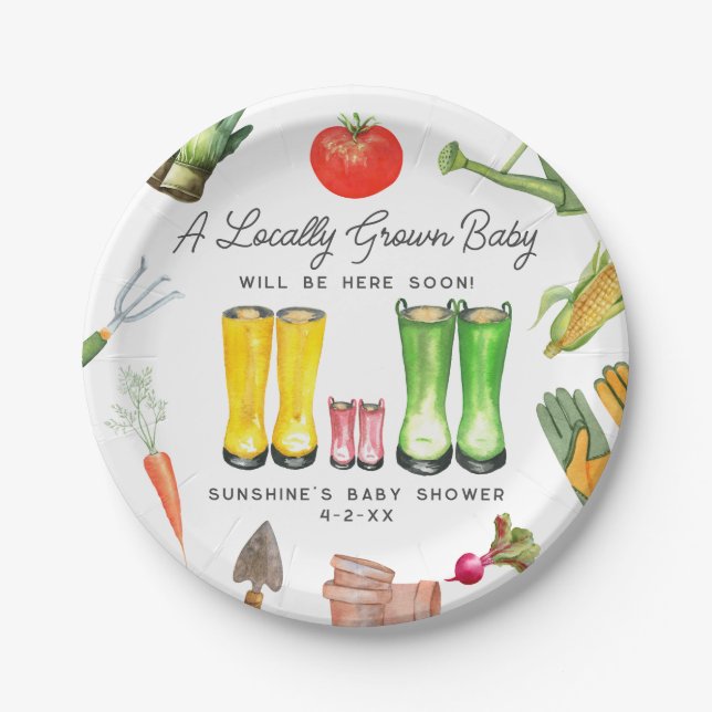 Plato De Papel Baby Shower vegetal de los boots rosados cultivado (Anverso)
