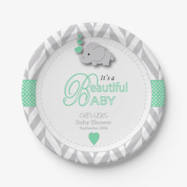 Plato De Papel Baby Shower verde, blanco y gris