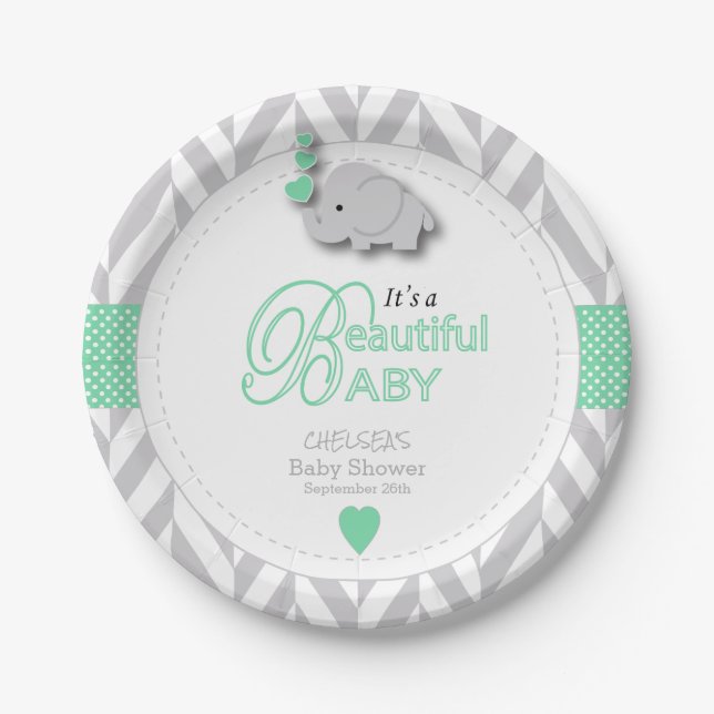 Plato De Papel Baby Shower verde, blanco y gris (Anverso)