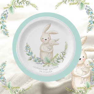 Plato De Papel Baby Shower verde personalizado para conejitos