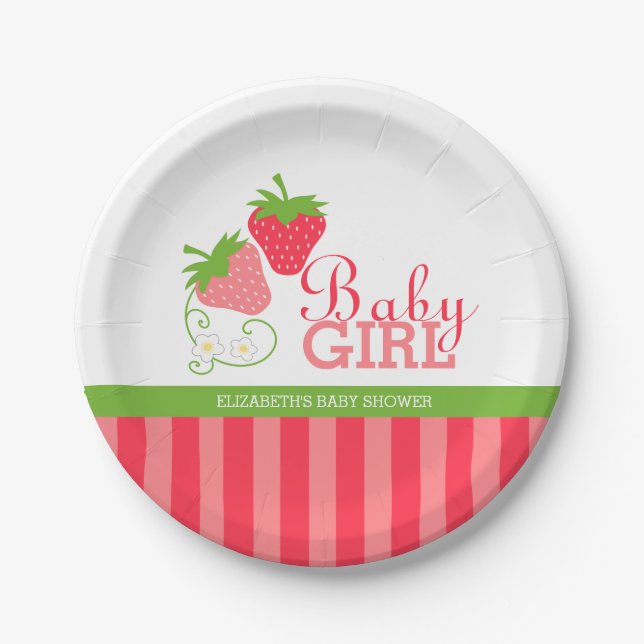 Plato De Papel Baby Shower verde y rosa de fresa (Anverso)