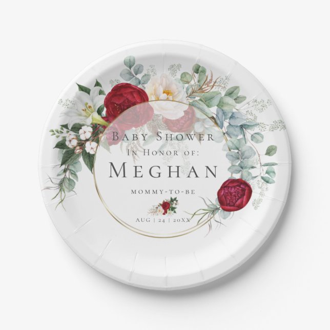 Plato De Papel Baby Shower | Vibrante Red Peony Bouquet (Anverso)