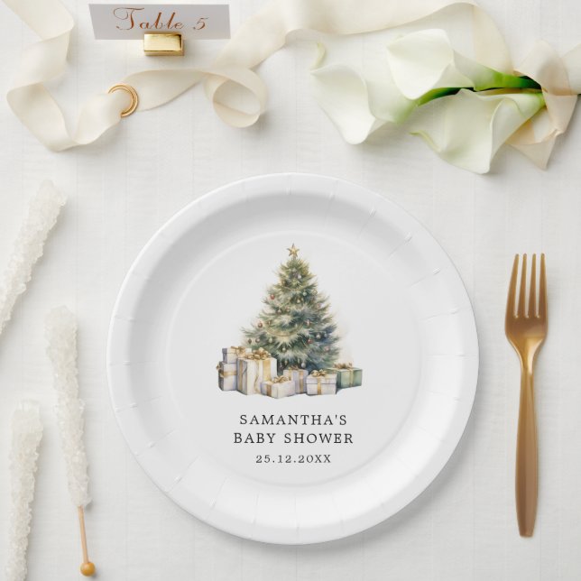 Plato De Papel Baby Shower Watercolor Christmas Tree Winter (Boda)