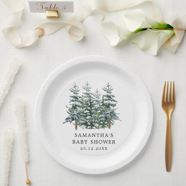 Plato De Papel Baby Shower Watercolor Christmas Tree Winter (Boda)