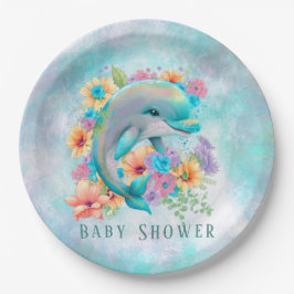 Plato De Papel Baby Shower Watercolor Cute Dolphin y Florines