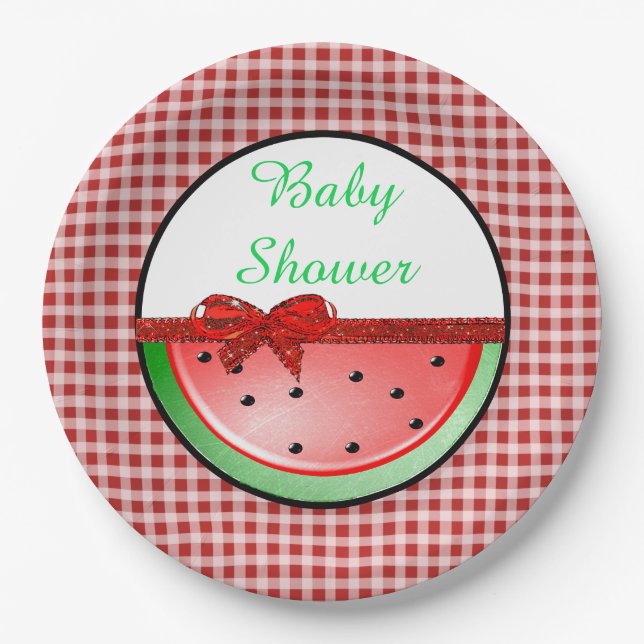 Plato De Papel Baby Shower Watermelon Red Green Gingham Plates (Anverso)