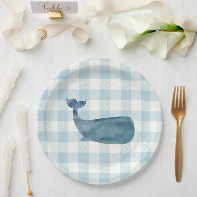 Plato De Papel Baby Shower Whale Blue Gingham (Boda)