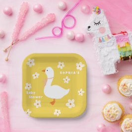 Plato De Papel Baby Shower White Goose and Daisies