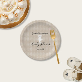 Plato De Papel Baby Shower White Teddy Bear | Tan Argyle