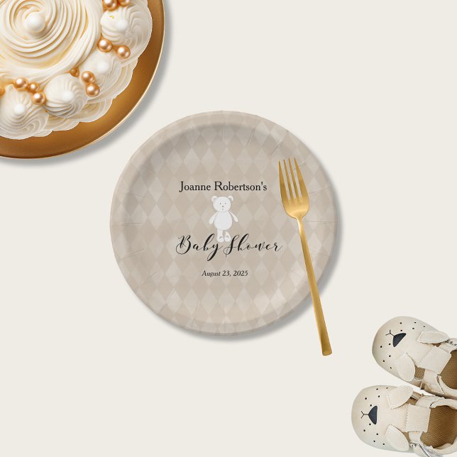 Plato De Papel Baby Shower White Teddy Bear | Tan Argyle (Subido por el creador)
