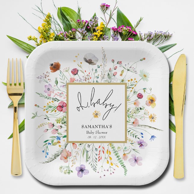 Plato De Papel Baby Shower Wildflowers (Oh, Baby! Wildflowers Baby Shower Square Paper Plates)