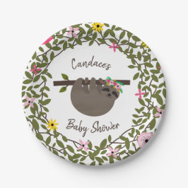Plato De Papel Baby Sloth Green Floral Baby Shower