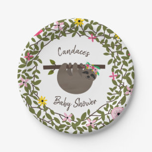Plato De Papel Baby Sloth Green Floral Baby Shower
