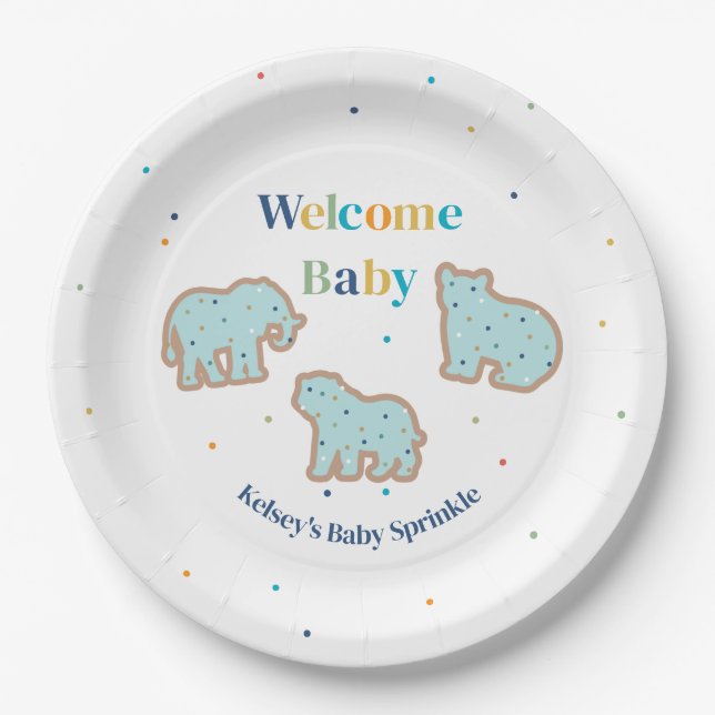 Plato De Papel Baby Sprinkle Animal Cookies Boy Baby Shower (Anverso)