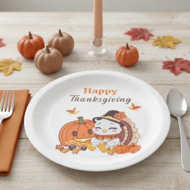 Plato De Papel Baby Turkey And Pumpkin Celebrating Thanksgiving  (Subido por el creador)