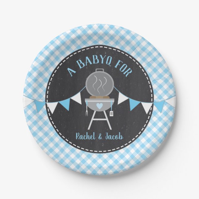 Plato De Papel BABYQ Blue Gingham Chalkboard Boy Baby Shower (Anverso)