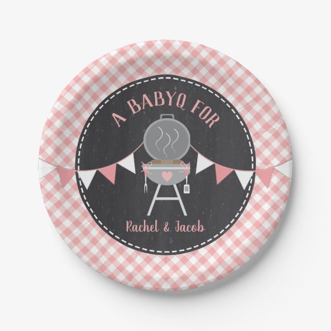 Plato De Papel BABYQ Pink Gingham Chalkboard Chica Baby Shower (Anverso)