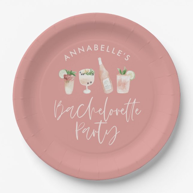 Plato De Papel Bachelorette de cóctel moderno y rosa (Anverso)
