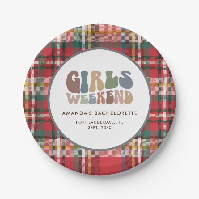 Plato De Papel Bachelorette Party Plaid Chicas Weekend Retro (Anverso)