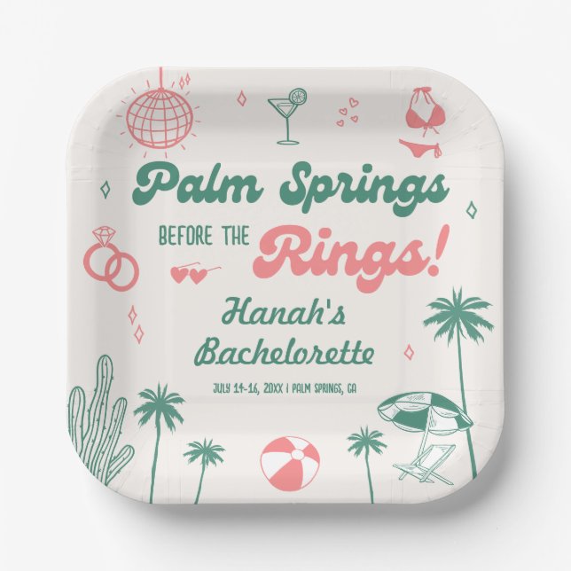 Plato De Papel Bachelorette Retro Hand Drawn Palm Springs (Anverso)