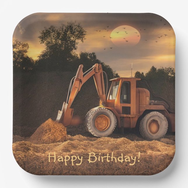 Plato De Papel Backhoe Feliz cumpleaños (Anverso)