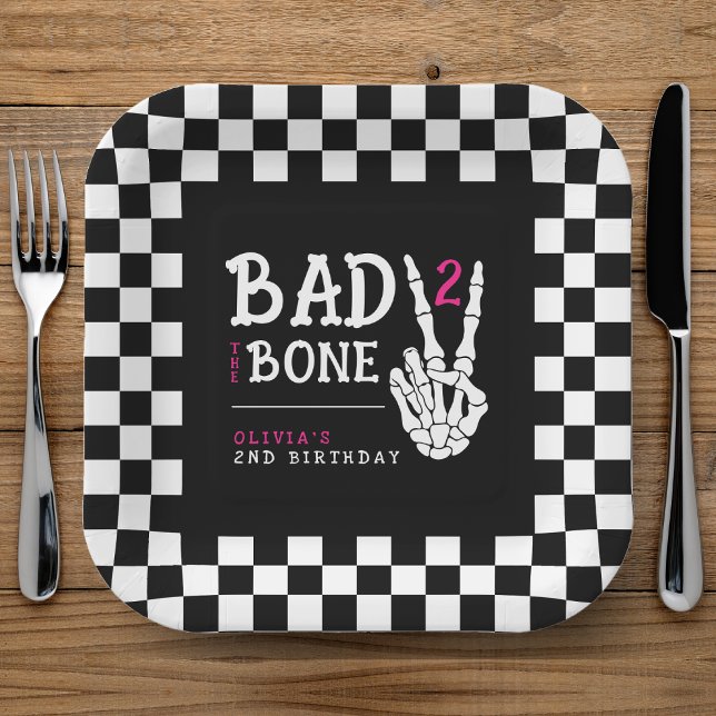 Plato De Papel Bad 2 the Bone Skeleton Pink 2nd Birthday Party (Bad 2 the Bone Skeleton Pink 2nd Birthday Party Paper Plates
)