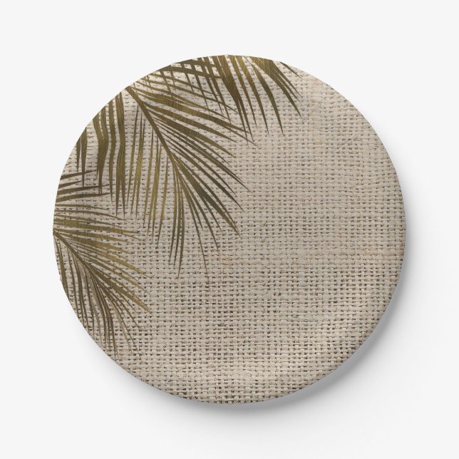 Plato De Papel Bahama Breeze Palm Rústica Burlap Boda (Anverso)