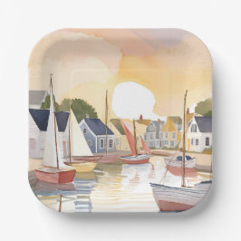 Plato De Papel Bahía de Barcos | Pintura Acuarela del Océano Cost