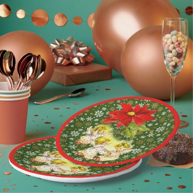 Plato De Papel Bailando ángeles bebés con copos de nieve en verde (Multi)