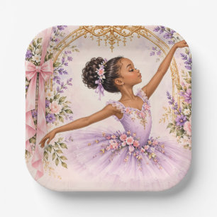 Plato De Papel Bailarina Afroamericana Cumpleaños Floral Púrpura