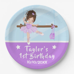 Plato De Papel Bailarina de pelo castaño Tutú morado Cumpleaños P