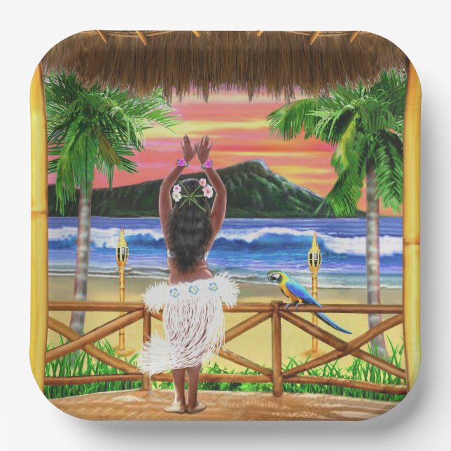 Plato De Papel Bailarina hawaiana Sunset Hula (Anverso)