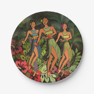 Plato De Papel Bailarinas de Hula Vintage de Hawái Árbol de Palma