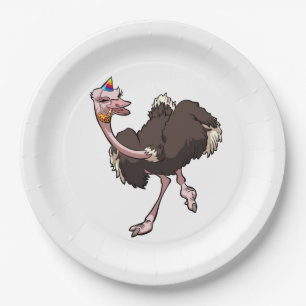 Plato De Papel Baile feliz de la avestruz en dibujo animado del