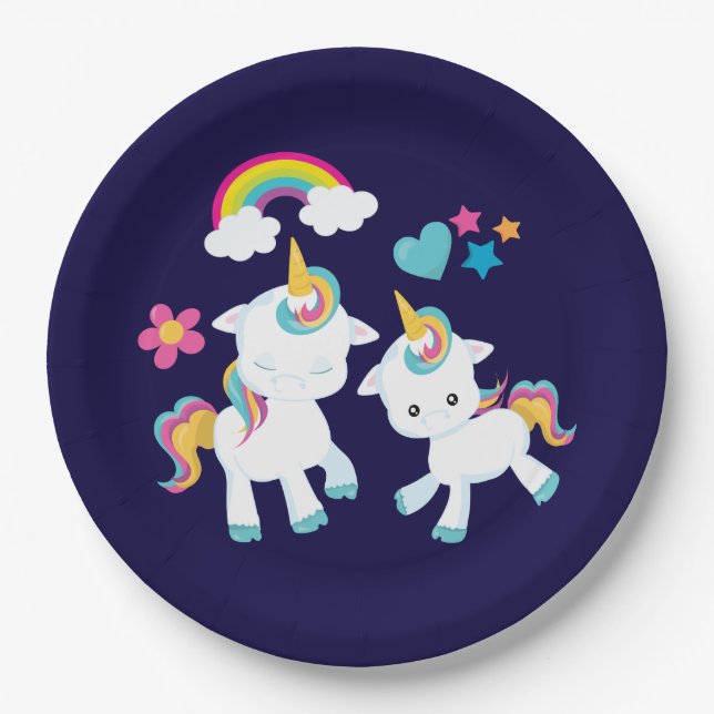 Plato De Papel Baile lindo Unicornio arcoiris mágico y estrellas (Anverso)