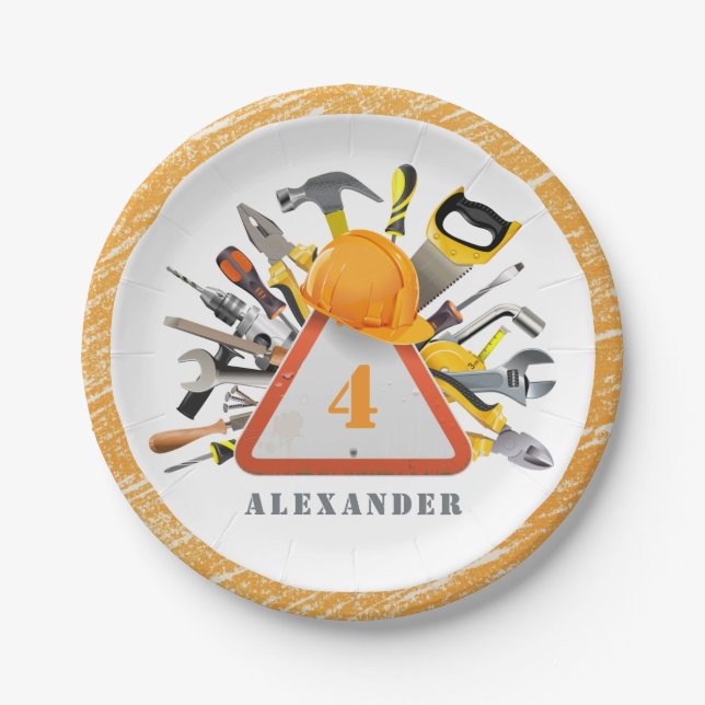 Plato De Papel Bajo Construcción Boy Tools Birday Party (Anverso)