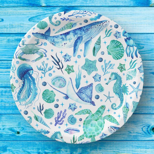 Plato De Papel Bajo el agua del mar Ballena azul, medusas (Under the Sea Watercolor Blue Whale, Jellyfish Paper Plates)