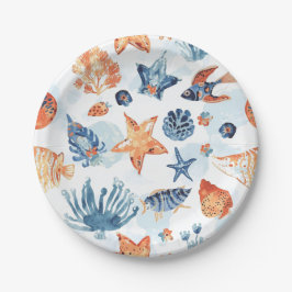 Plato De Papel Bajo el Mar | Animales del Océano de Coral Acuarel