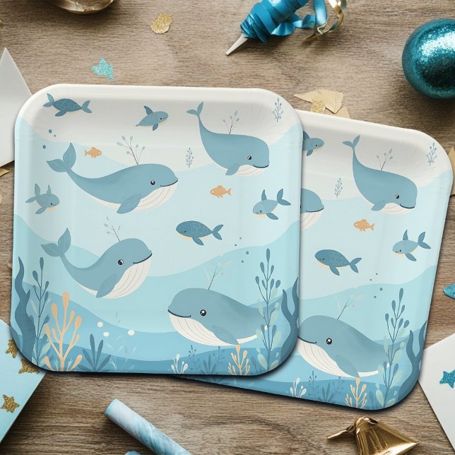 Plato De Papel Bajo el mar Ballenas y Peces Niños (Subido por el creador)