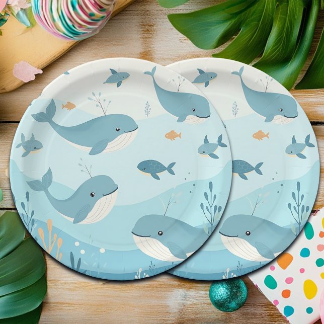Plato De Papel Bajo el mar Ballenas y Peces Niños (Subido por el creador)