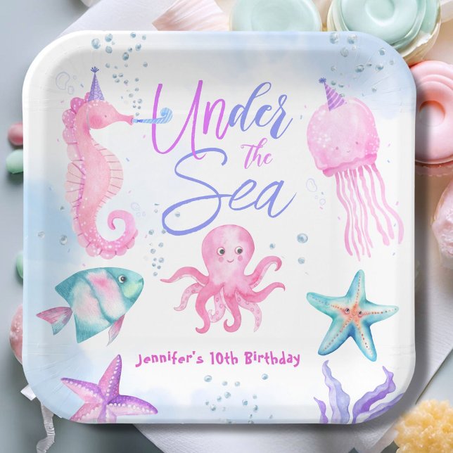 Plato De Papel ¡Bajo El Mar! Chica del Océano rosa 10 cumpleaños (Subido por el creador)