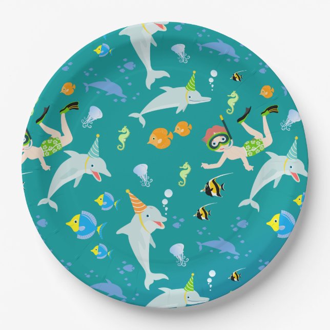 Plato De Papel Bajo el mar delfines y fiesta de cumpleaños de niñ (Anverso)