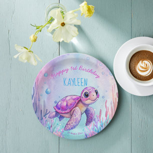 Plato De Papel Bajo el mar, la bella tortuga rosa púrpura cumplea